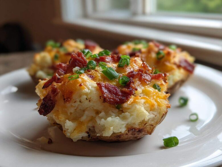 Close-up of delicious twice baked potato halves topped with melted cheddar cheese, bacon bits, and green onions.