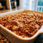 Close-up of a freshly baked apple crisp recipe with a thick, golden-brown oat topping in a white square baking dish.