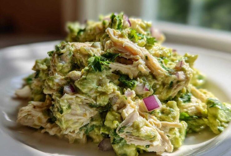 A close-up, bright photo of creamy avocado chicken salad featuring shredded chicken, chunks of avocado, and diced red onion.
