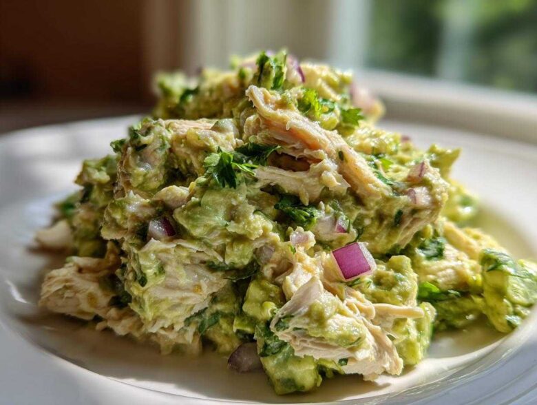 A close-up, bright photo of creamy avocado chicken salad featuring shredded chicken, chunks of avocado, and diced red onion.