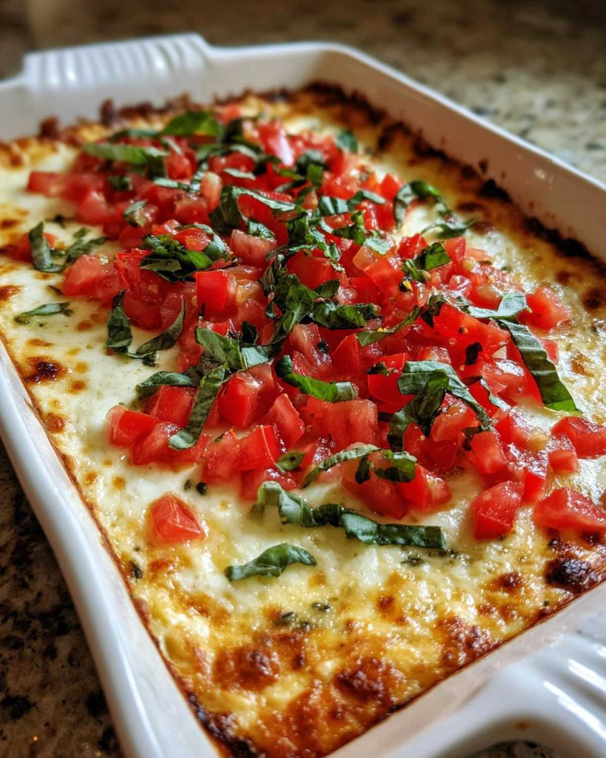 Close-up of a baked 3-cheese bruschetta dip topped with diced tomatoes and fresh basil.