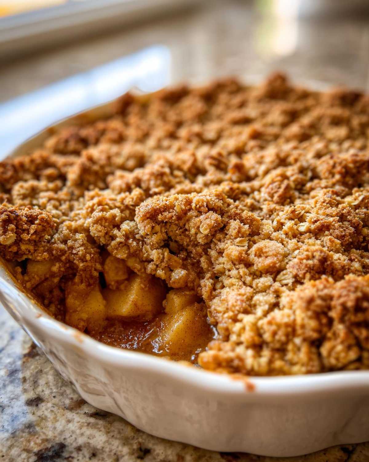A close-up view of a warm, freshly baked apple crisp recipe with a golden, crumbly oat topping and visible spiced apple filling.