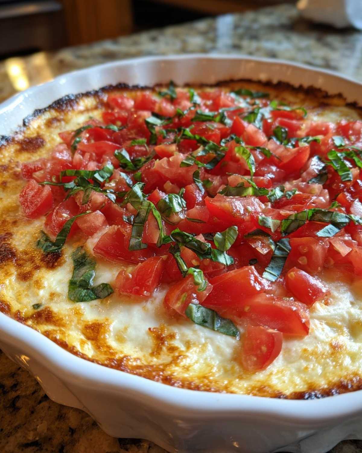 Close-up of a baked 3-cheese bruschetta dip topped with fresh diced tomatoes and basil.