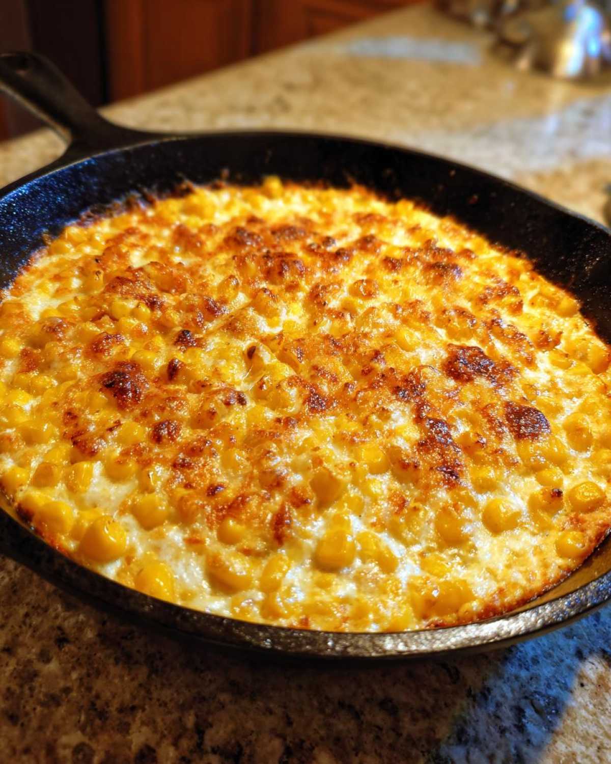 Close-up of hot, baked corn dip with cream cheese, featuring golden-brown, bubbly cheese topping.