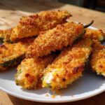 A pile of crispy, golden-brown baked jalapeño poppers stuffed with melted cheese, served on a white plate.