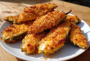 A pile of crispy, golden-brown baked jalapeño poppers stuffed with melted cheese, served on a white plate.