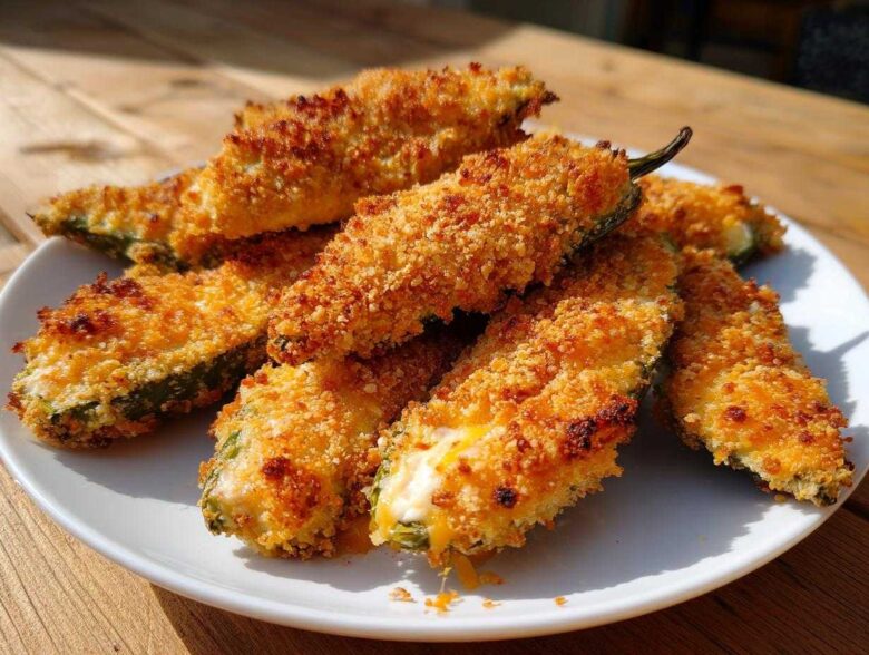 A pile of crispy, golden-brown baked jalapeño poppers stuffed with melted cheese, served on a white plate.