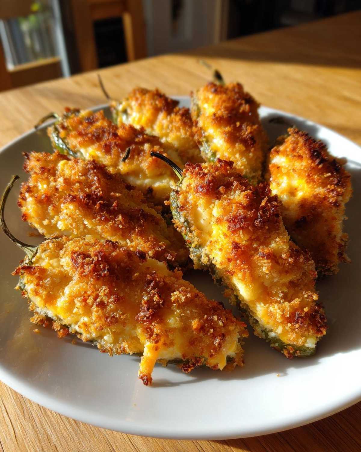 Close-up of several golden-brown, baked Jalapeño poppers stuffed with cheese filling on a white plate.