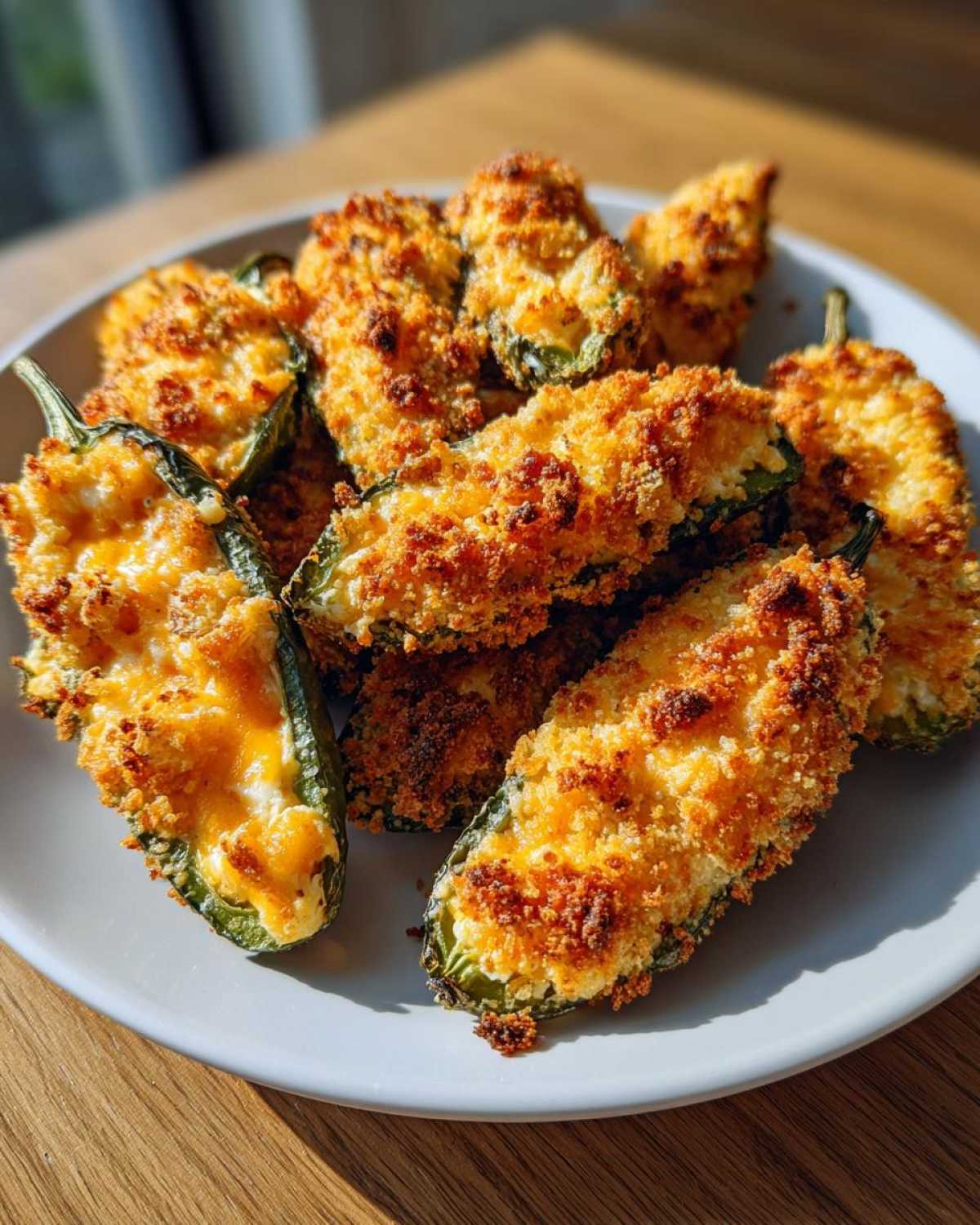 A plate full of crispy, golden-brown baked jalapeño poppers stuffed with cheese filling.