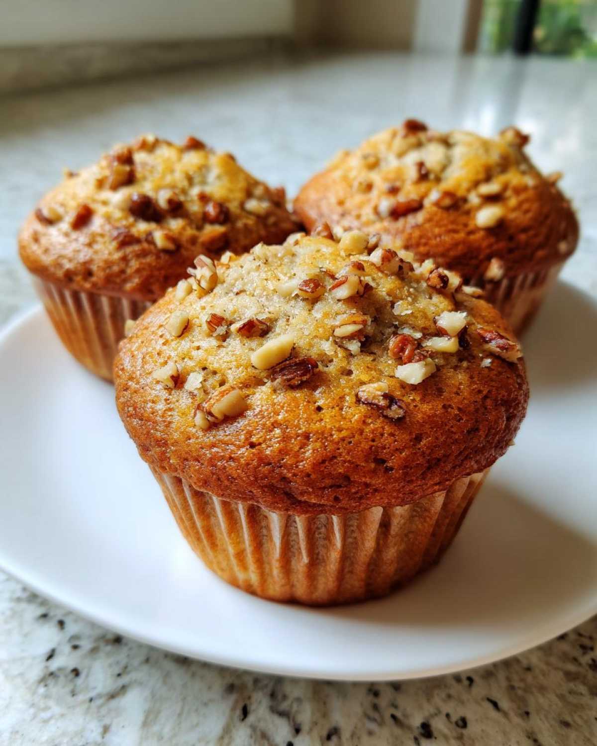 Close-up of three freshly baked banana nut muffins topped generously with chopped pecans, resting on a white plate.