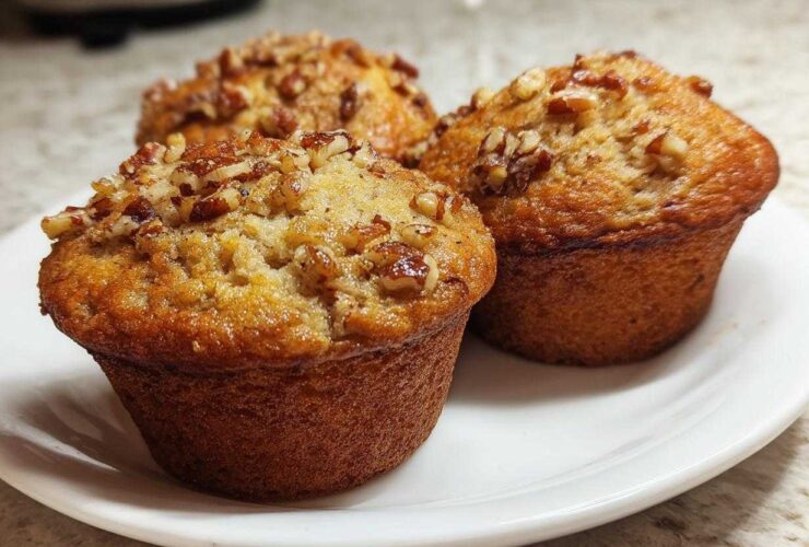 Three freshly baked banana nut muffins with a crunchy pecan topping served on a white plate.