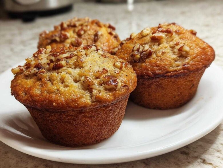 Three freshly baked banana nut muffins with a crunchy pecan topping served on a white plate.
