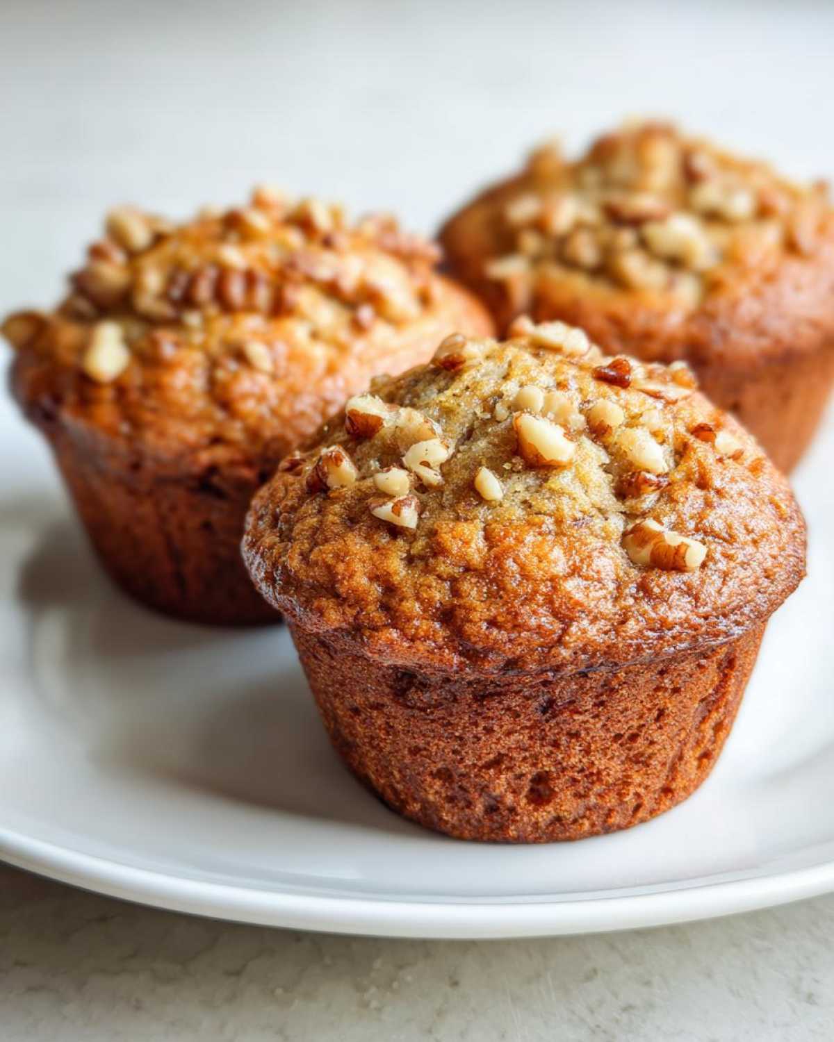 Three perfectly baked banana nut muffins topped with chopped walnuts, resting on a white plate.
