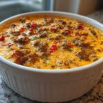 A close-up of a bubbly, hot rotel dip topped with sausage and red peppers in a white ceramic dish.