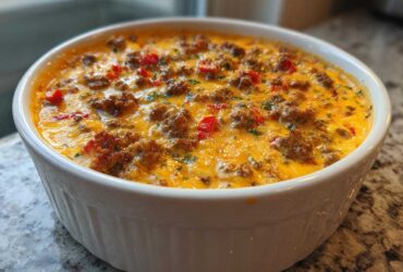 A close-up of a bubbly, hot rotel dip topped with sausage and red peppers in a white ceramic dish.