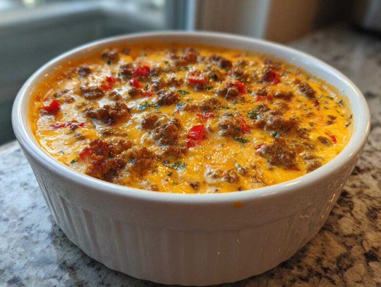 A close-up of a bubbly, hot rotel dip topped with sausage and red peppers in a white ceramic dish.