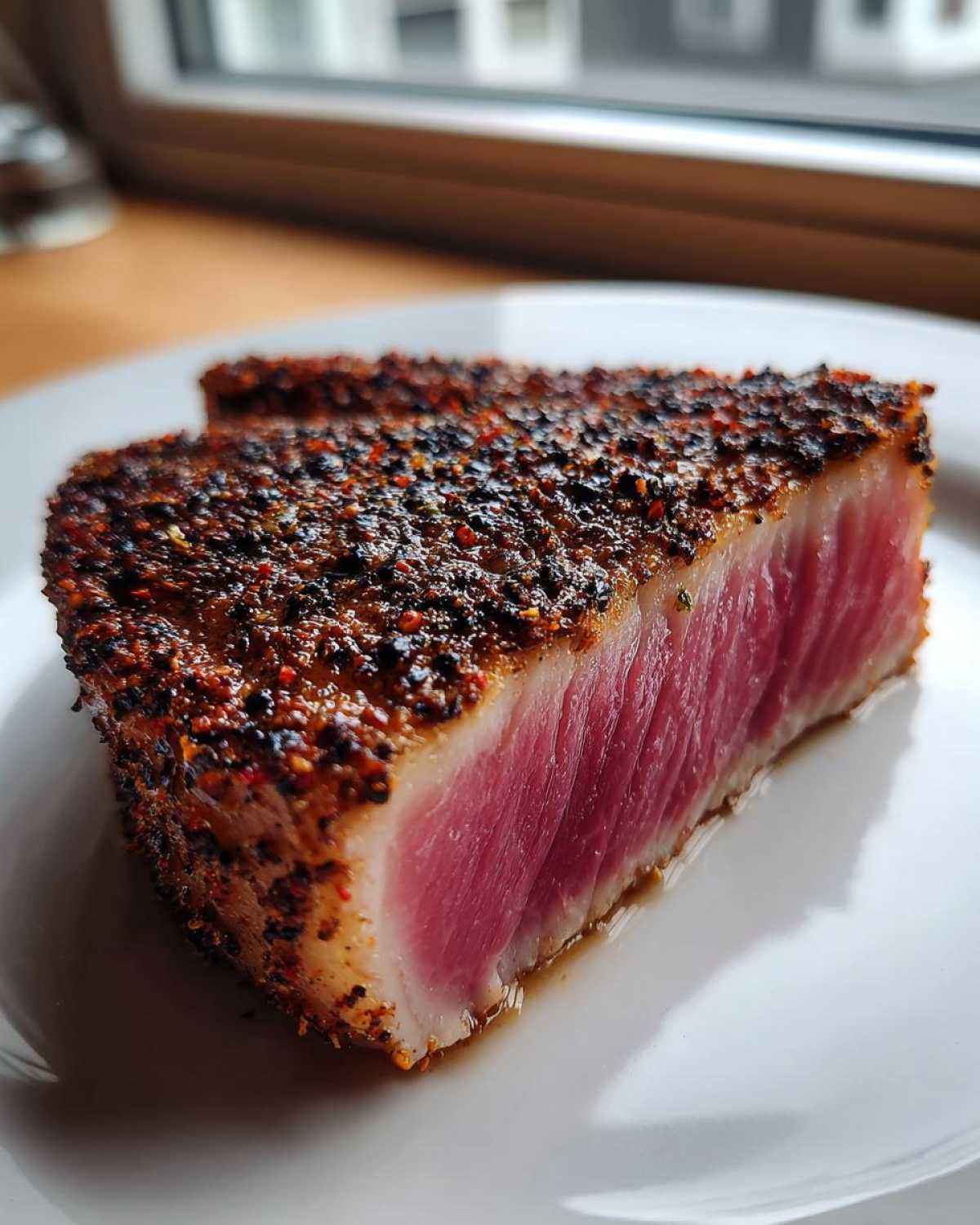 Close-up of a perfectly cooked, medium-rare blackened tuna steak showing a thick, dark spice crust and bright pink interior.