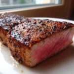 Close-up of a thick, medium-rare Blackened Tuna Steak showing a dark, seasoned crust and bright pink interior.