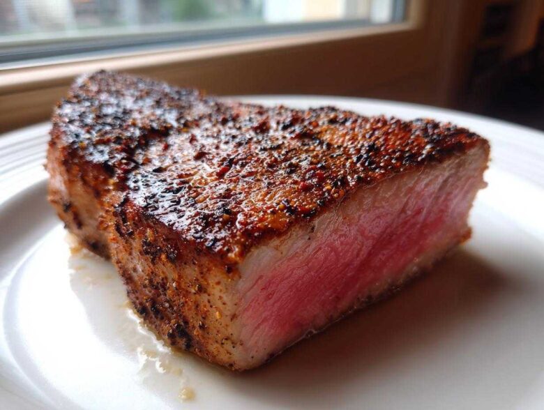 Close-up of a thick, medium-rare Blackened Tuna Steak showing a dark, seasoned crust and bright pink interior.