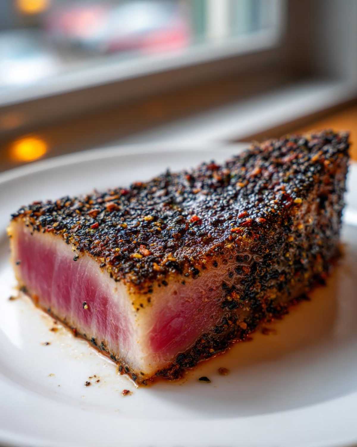 Close-up of a thick, perfectly cooked Blackened Tuna Steak showing a dark spice crust and rare, pink center.