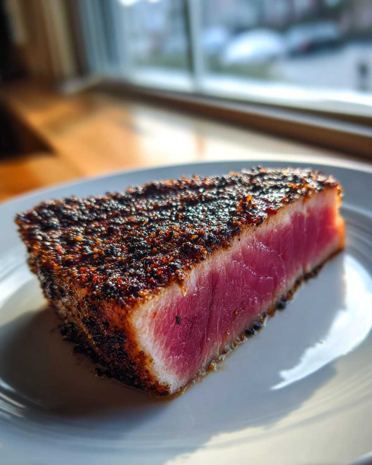 A thick, perfectly cooked slice of Blackened Tuna Steak showing a dark crust and bright pink rare center.