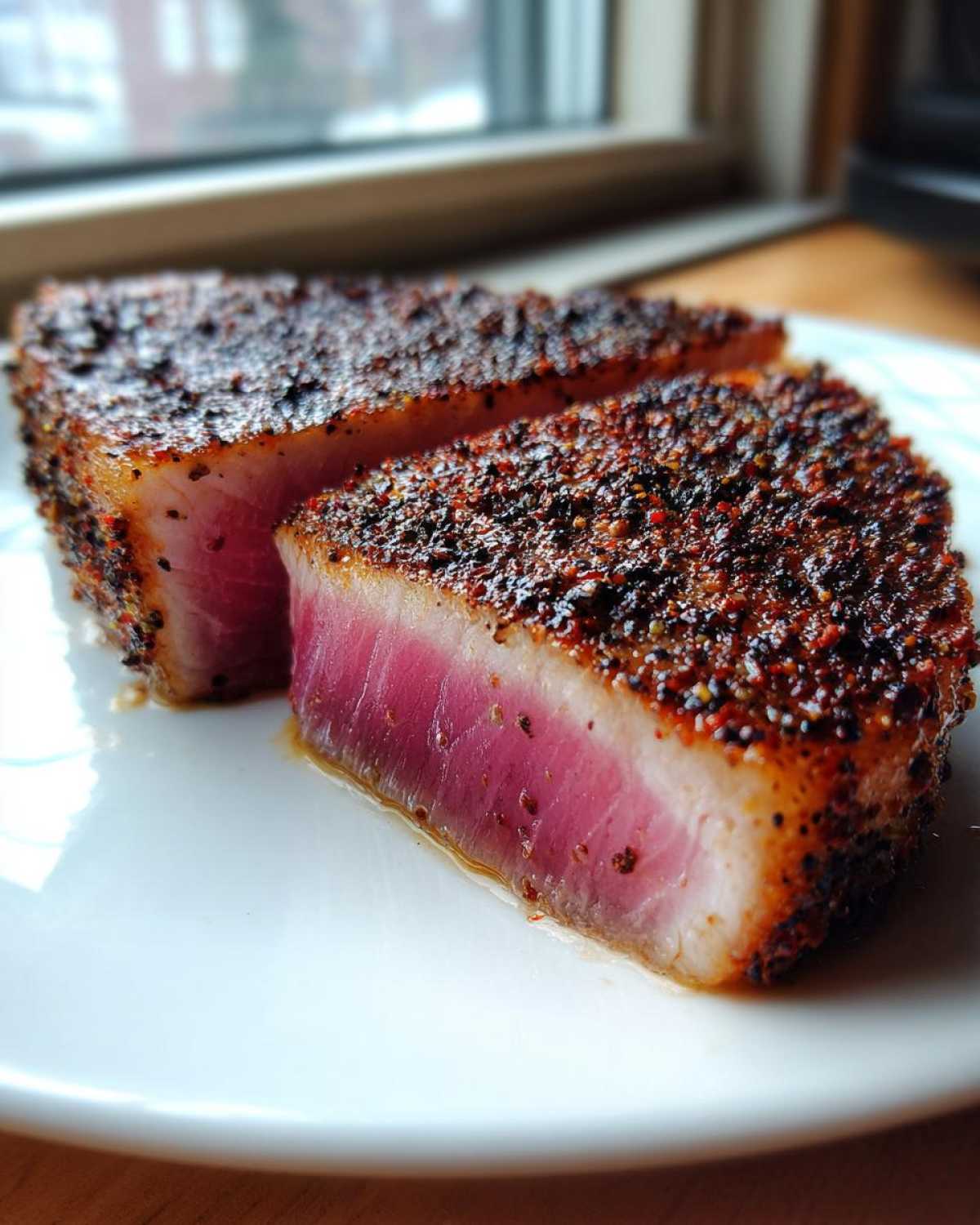 Two thick slices of Blackened Tuna Steak showing a perfectly seared, dark crust and bright pink, rare interior.