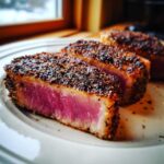 Close-up of three thick slices of perfectly cooked Blackened Tuna Steak showing a bright pink, rare center and a dark, heavily seasoned crust.