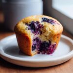 Close-up of a golden-brown blueberry protein muffins with a bite taken out, revealing moist interior and juicy berries.