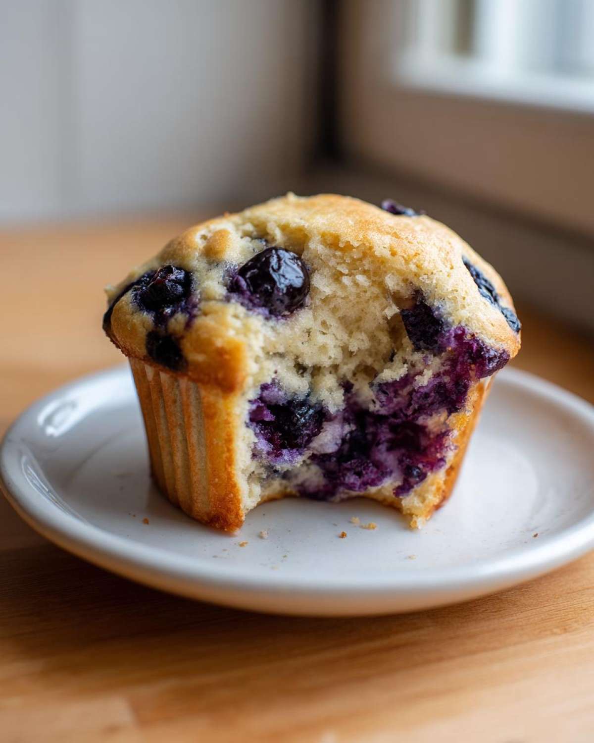 Close-up of a blueberry protein muffins with a bite taken out, showing the moist interior and fruit.
