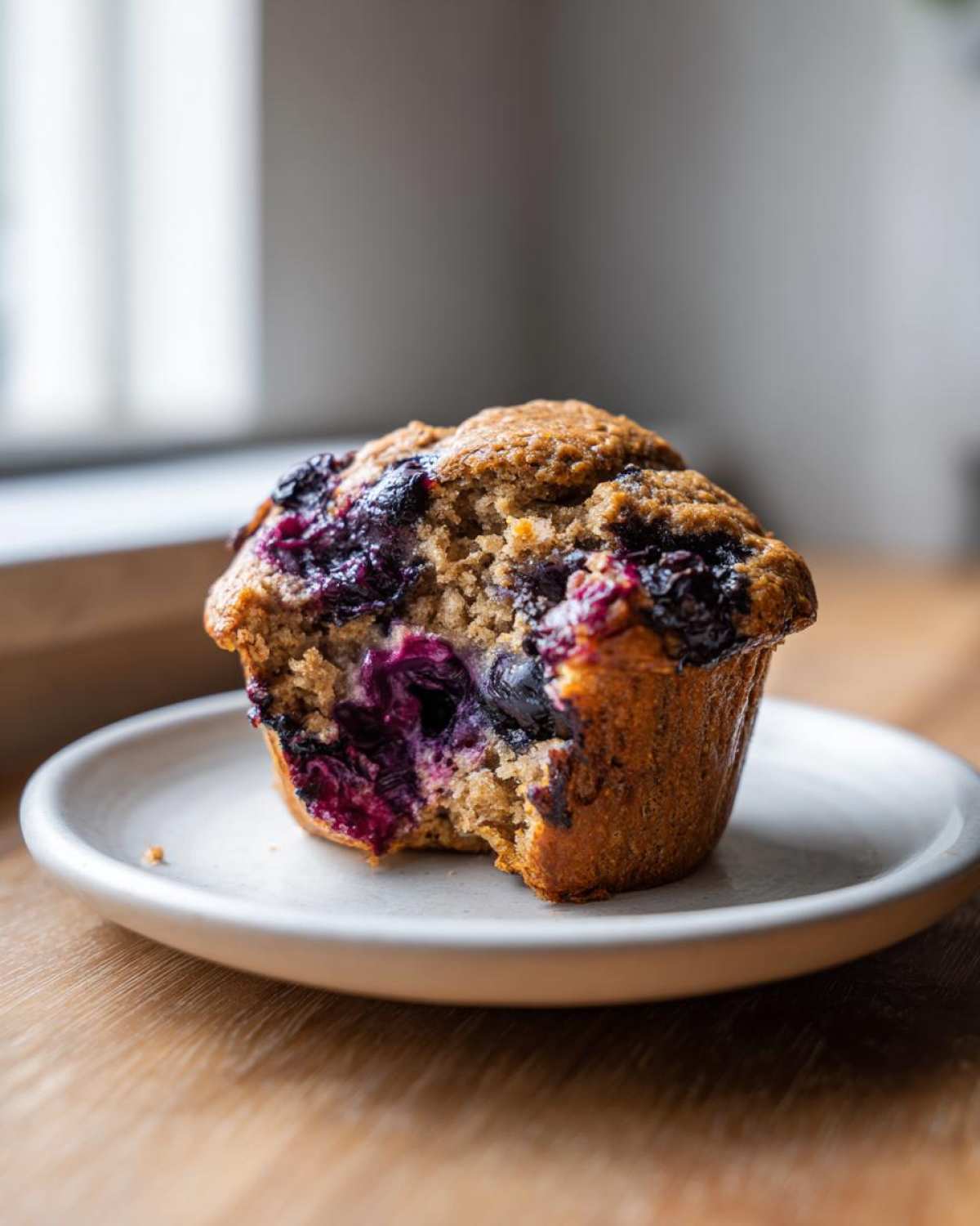 Close-up of a blueberry protein muffins with a bite taken out, showing moist interior and burst berries.
