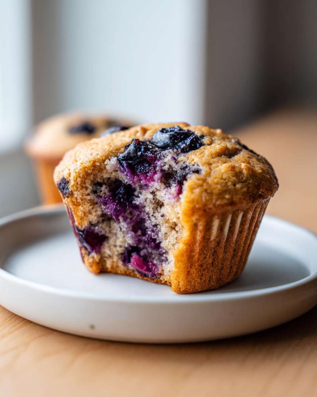 A blueberry protein muffin with a bite taken out, revealing the moist interior and purple berries, sitting on a white plate.