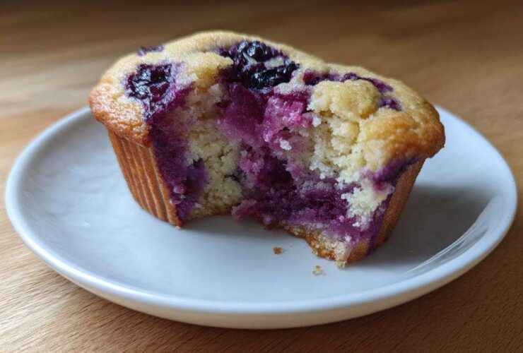 A close-up of a blueberry protein muffins with a bite taken out, showing the moist, purple-streaked interior.