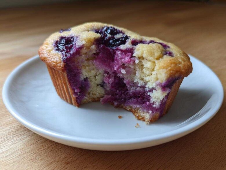 A close-up of a blueberry protein muffins with a bite taken out, showing the moist, purple-streaked interior.