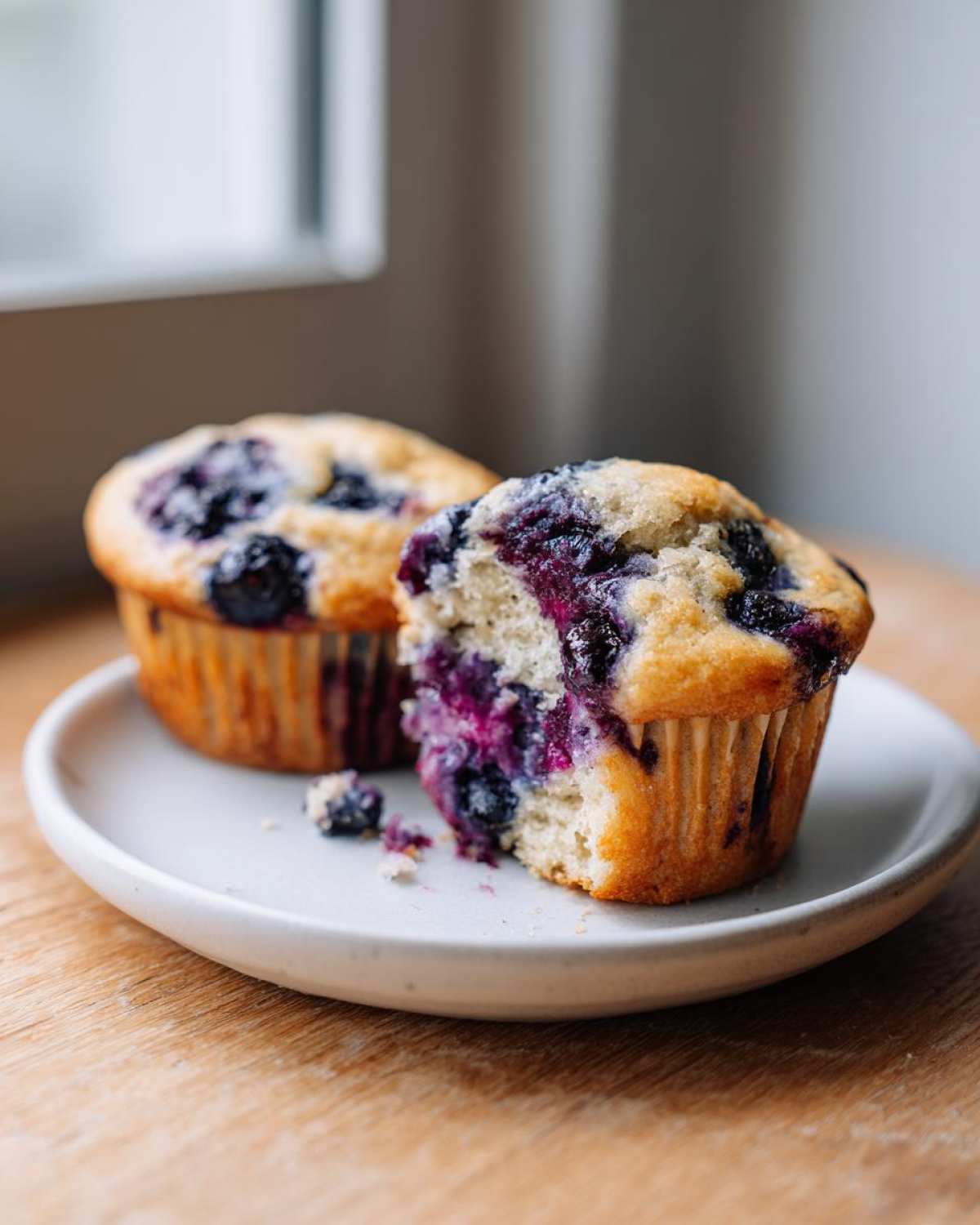 Two moist blueberry protein muffins on a small white plate, one broken open to show the berry filling.