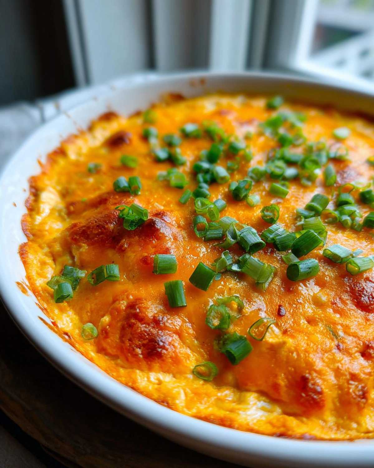 Close-up of a bubbling, baked Buffalo chicken dip topped generously with chopped green onions.