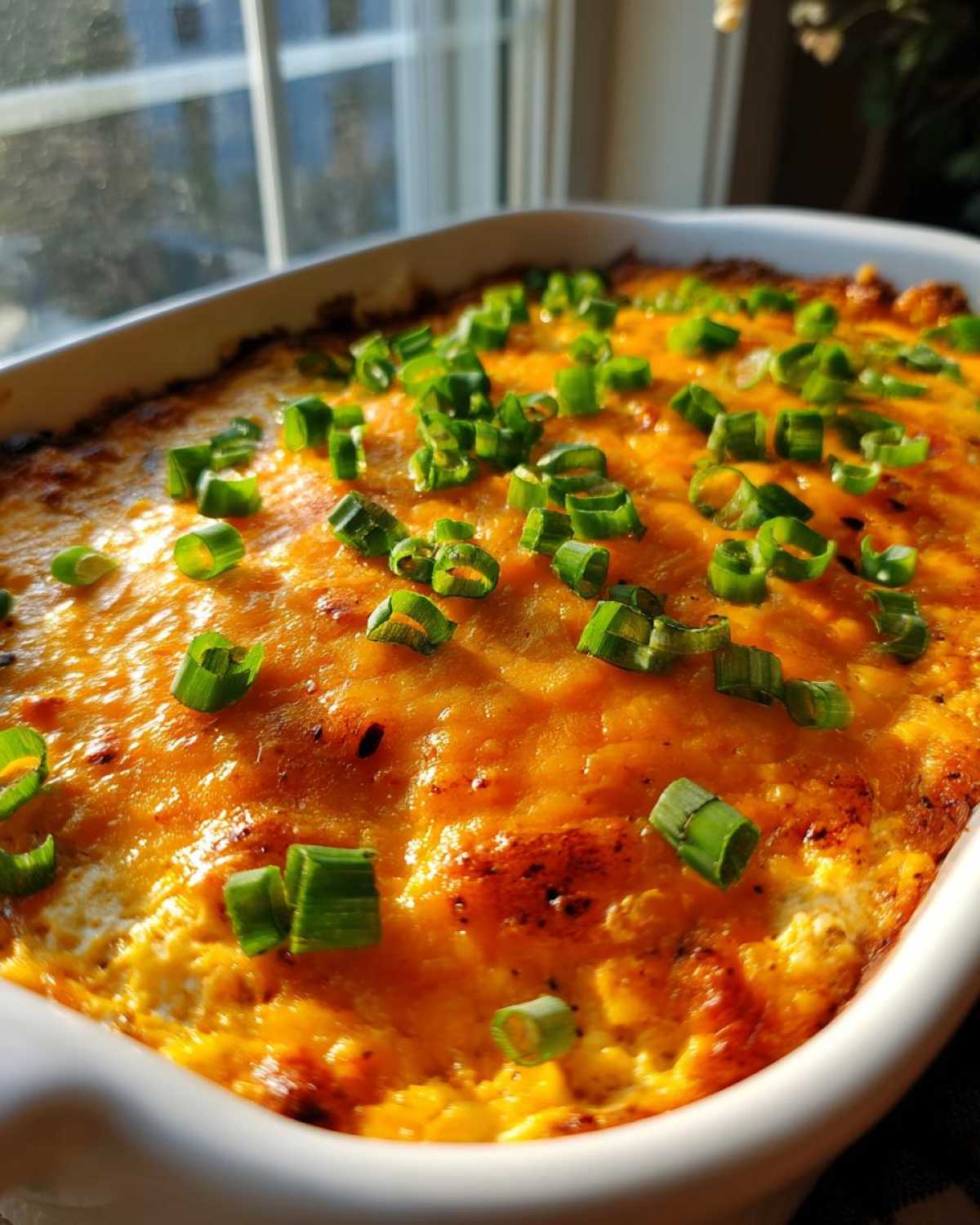 Close-up of hot, bubbly Buffalo chicken dip topped with bright green chopped scallions in a white baking dish.