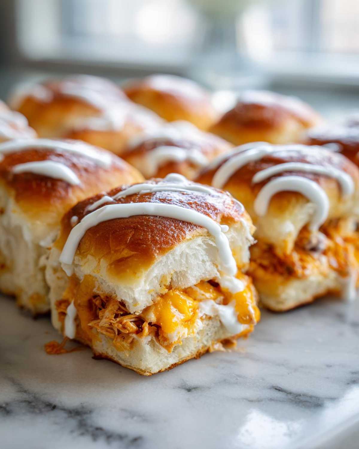 A close-up of a halved buffalo chicken slider showing shredded chicken, melted cheddar cheese, and a white ranch drizzle on a soft roll.