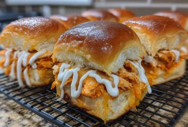 Close-up of several glossy-topped buffalo chicken sliders filled with shredded orange chicken and drizzled with white ranch sauce.