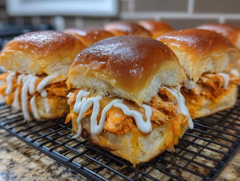 Close-up of several glossy-topped buffalo chicken sliders filled with shredded orange chicken and drizzled with white ranch sauce.