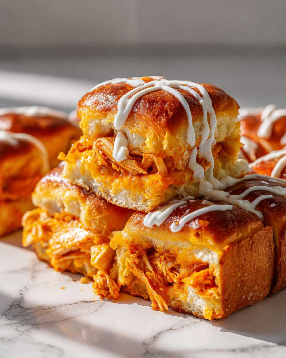 A stack of halved buffalo chicken sliders filled with shredded orange chicken and topped with a white ranch or blue cheese drizzle.