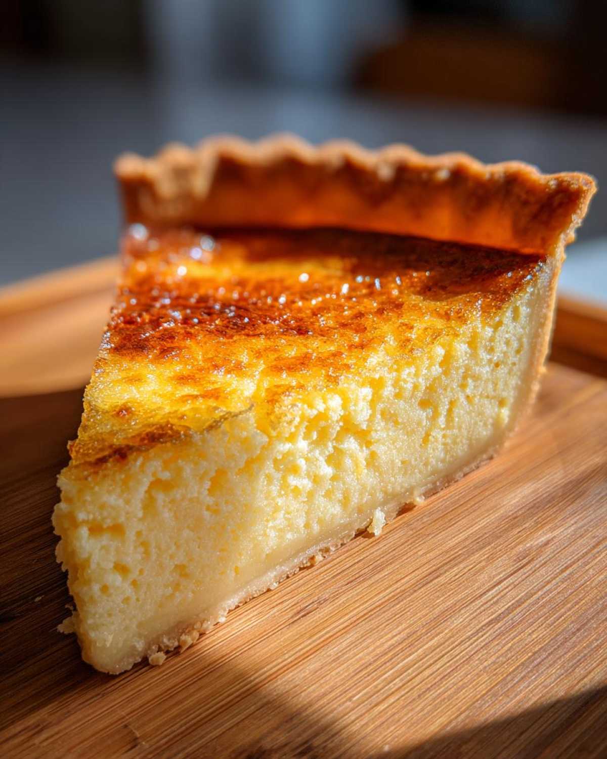 A close-up slice of rich, creamy buttermilk pie showing the golden, slightly caramelized top crust.