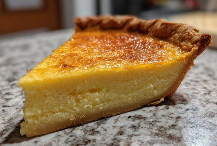 Close-up of a thick slice of buttermilk pie showing the creamy yellow filling and golden-brown crust.