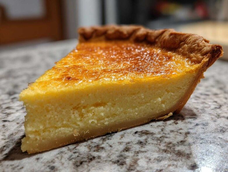 Close-up of a thick slice of buttermilk pie showing the creamy yellow filling and golden-brown crust.