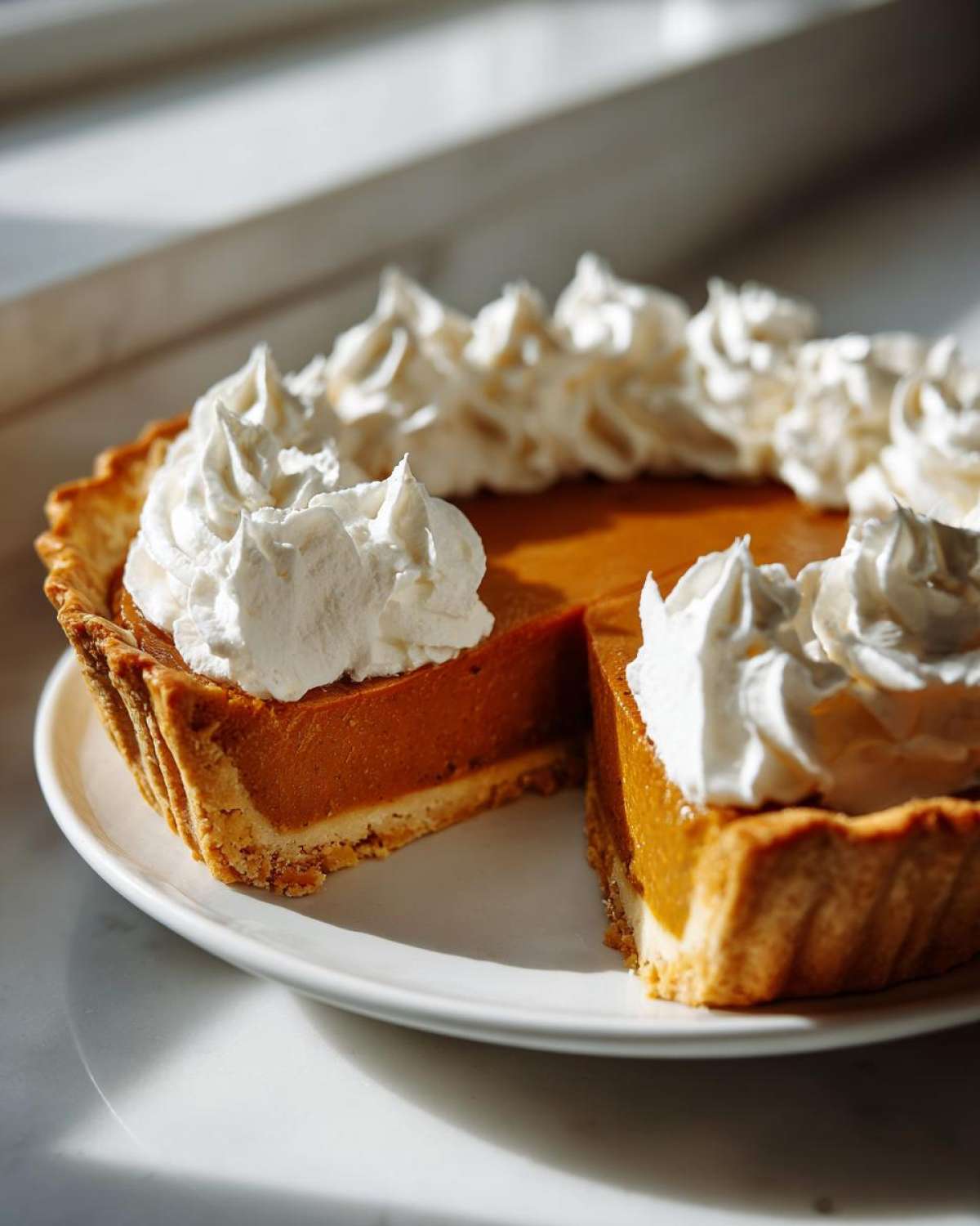 A whole butterscotch pie with a slice removed, topped generously with swirls of whipped cream, sitting on a white plate.
