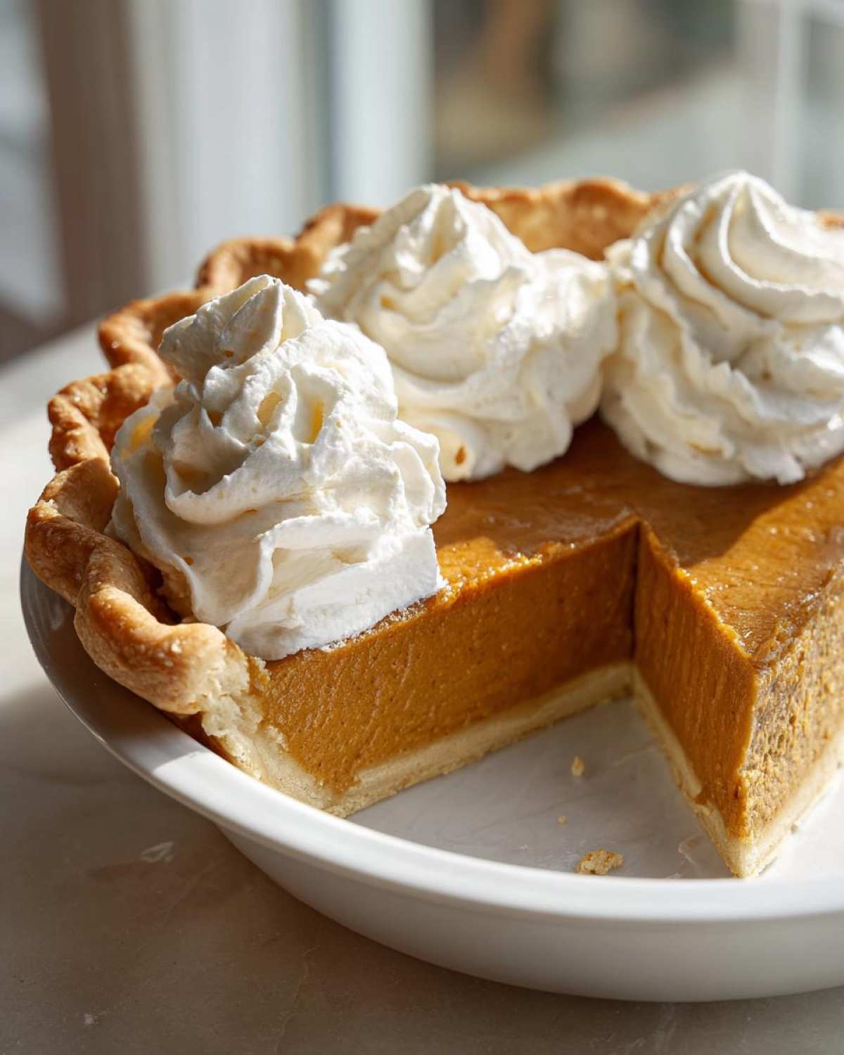 A rich, orange-colored butterscotch pie with a slice removed, topped generously with swirls of whipped cream.
