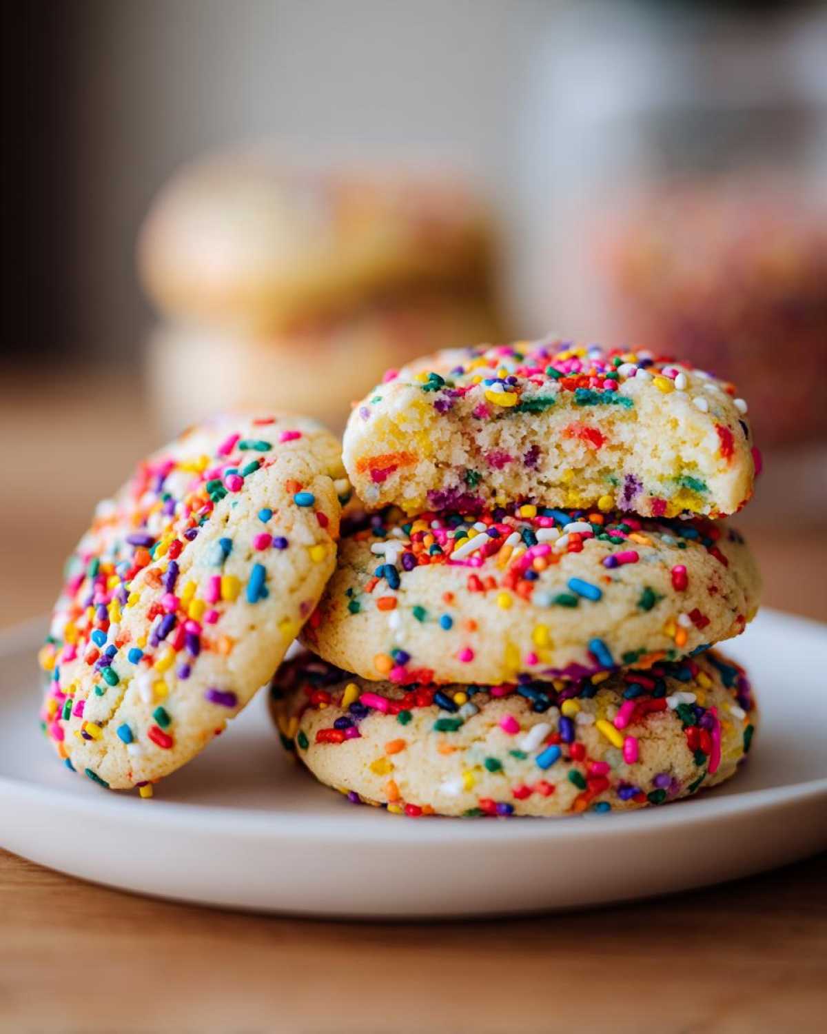 A stack of four soft cake batter cookies loaded with rainbow sprinkles, one cookie is broken open.