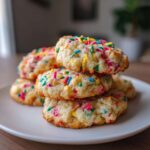 A stack of three soft, thick cake batter cookies loaded with colorful sprinkles, sitting on a white plate.