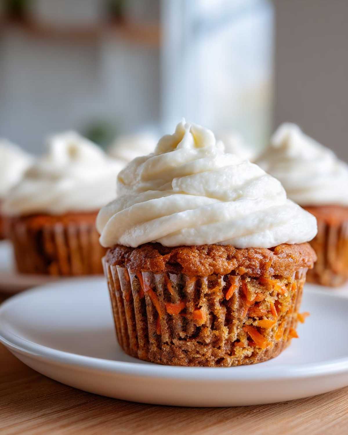 A close-up of a moist carrot cake muffin topped with thick cream cheese frosting, showing shredded carrots in the crumb.