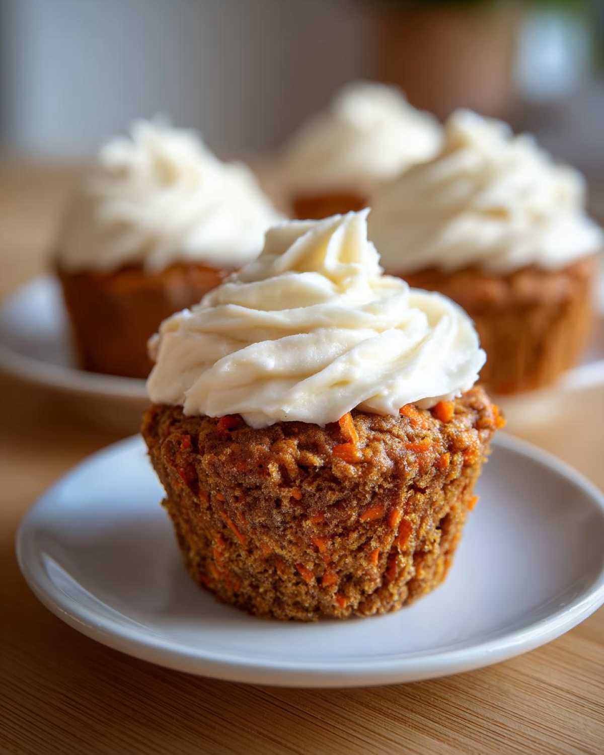 A close-up of one delicious carrot cake muffin topped with thick cream cheese frosting, with more muffins blurred in the background.
