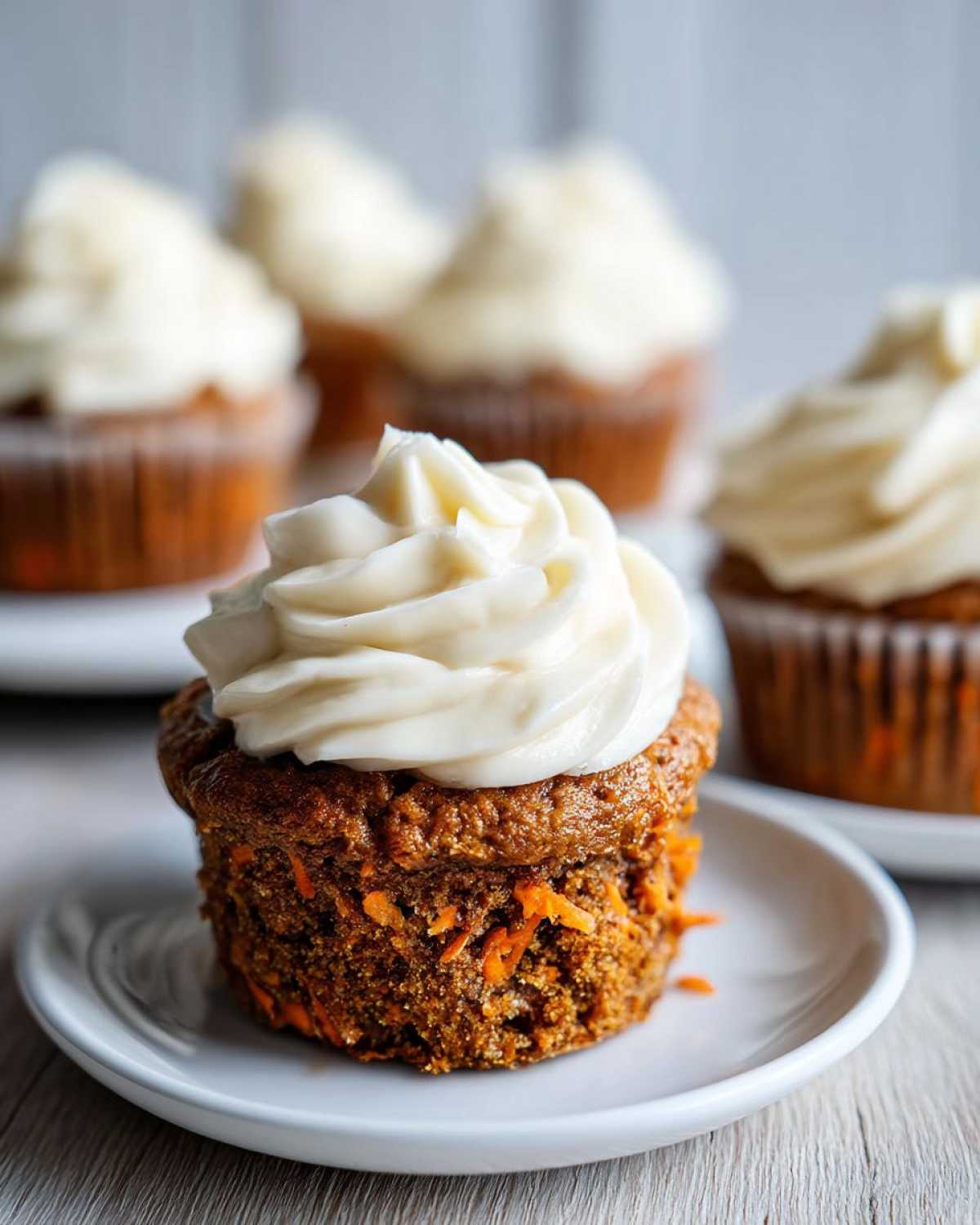 A single, perfectly frosted carrot cake muffin with visible shredded carrots, sitting on a white plate.